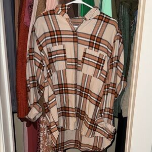 Plaid Hooded Shirt in Beige and Orange
